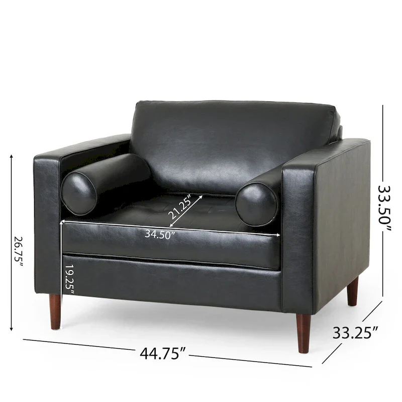 Club Chair, Faux Leather Upholstery, Birch Wood Legs, Espresso Finish, Black, 1-Person Use