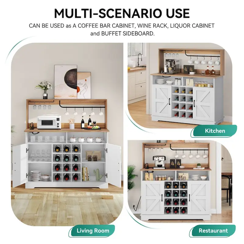 Bar Cabinet with Wine Rack and Power Outlets - 12-Bottle Storage (Black & Grey/White & Wood)