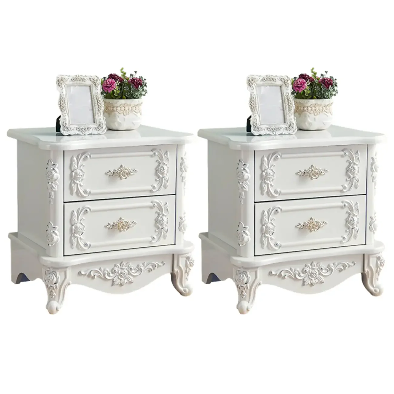 Traditional White Wood Carved 3-Drawer Nightstand