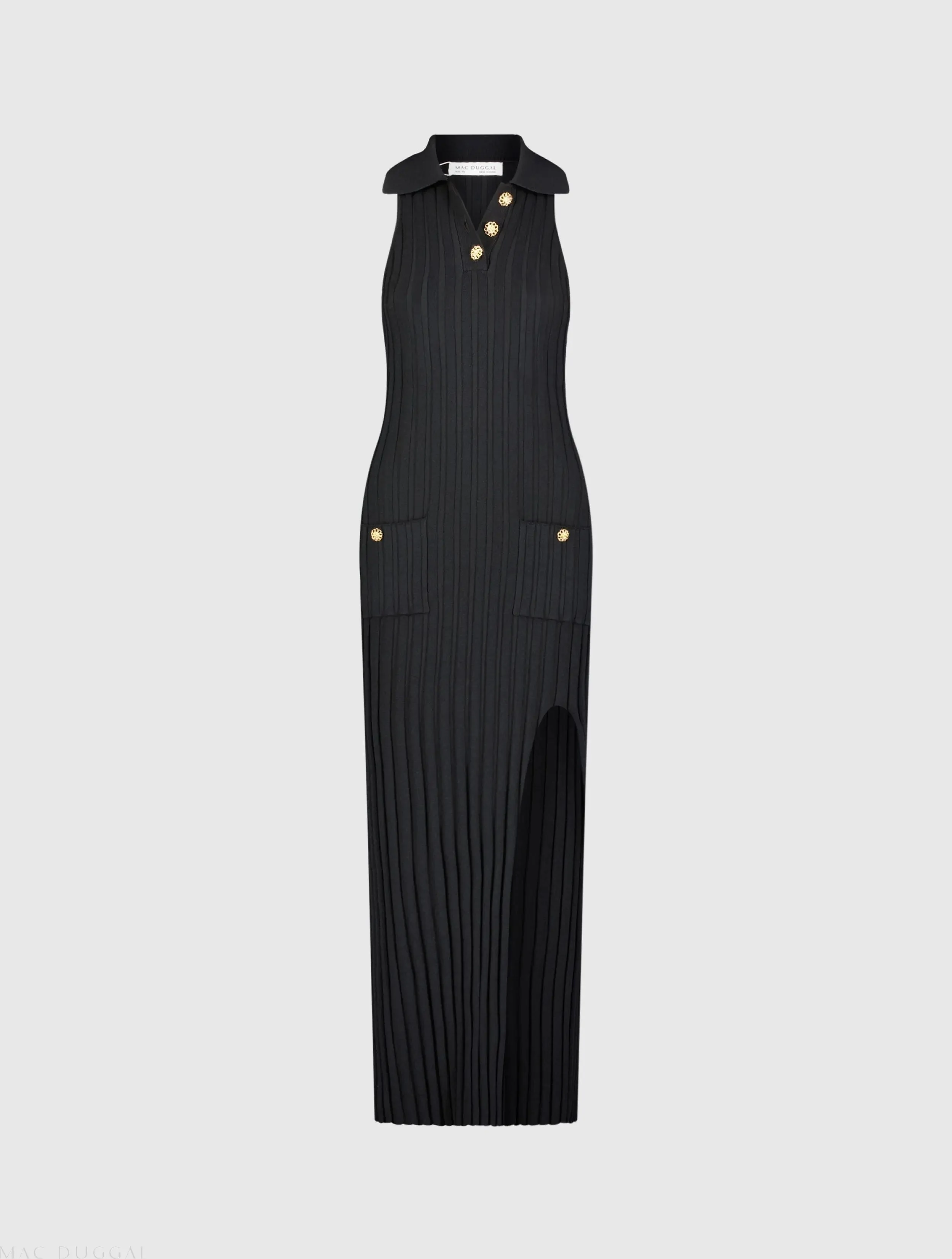 Black Rib Knit Collared Sleeveless Fitted Maxi Dress - FINAL SALE