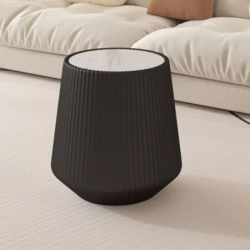 Modern Round End Table with PU Leather Finish, White Sintered Stone Top, Stylish Accent Side Table for Living Room or Small Spaces-Panipeachy