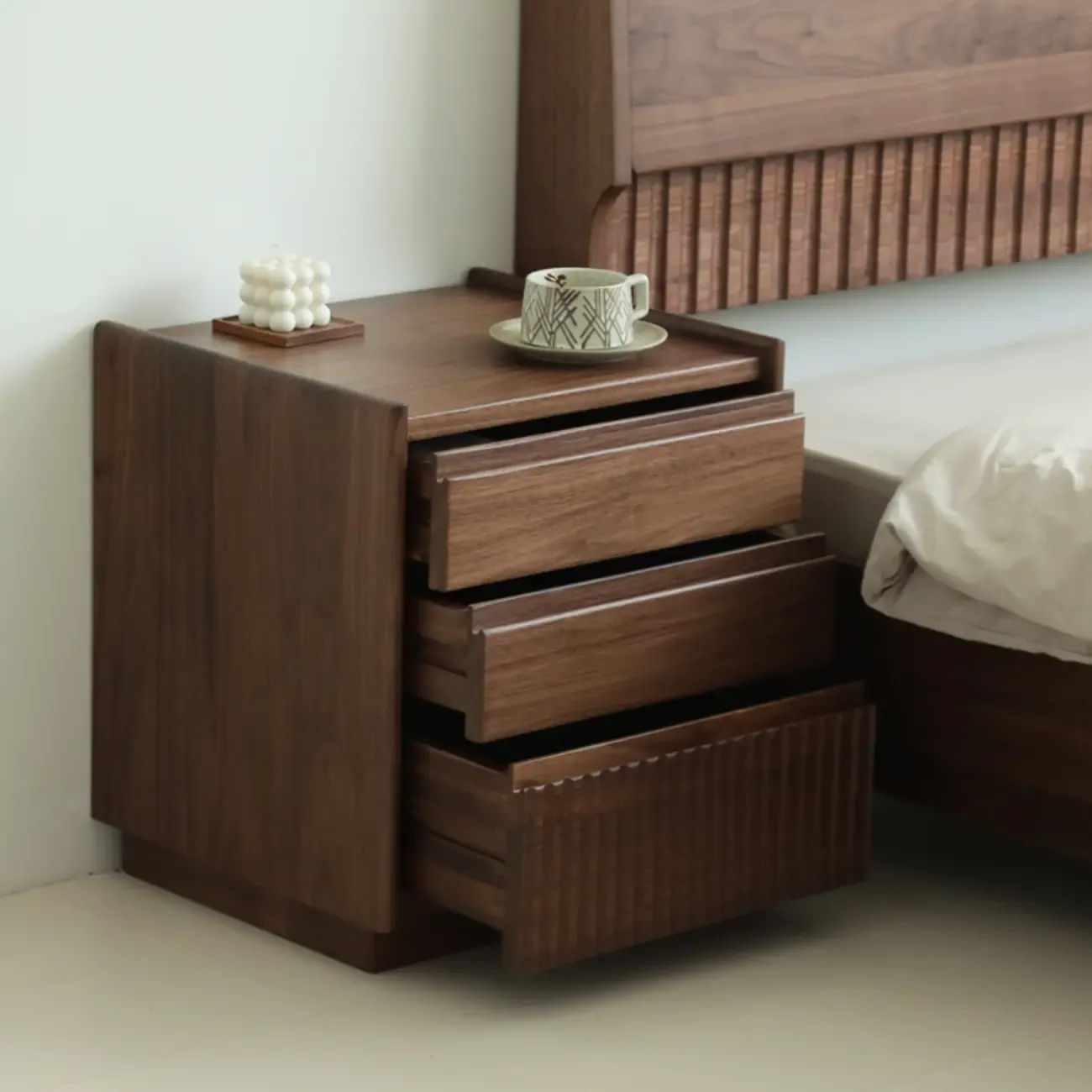 3-Drawer Scandinavian Walnut Wood Nightstand