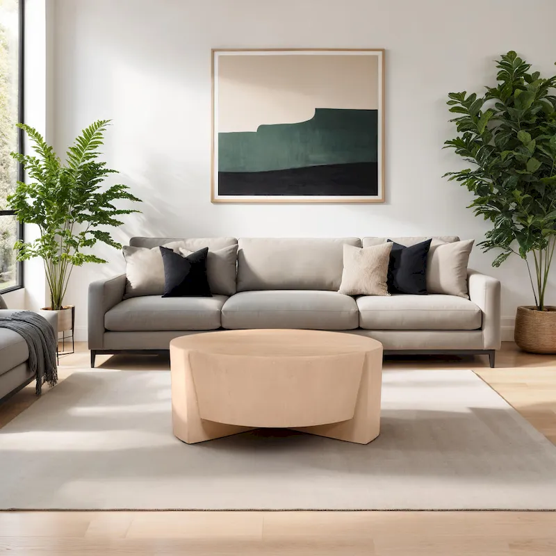 Joana Coffee Table, 35 Inch Round Drum Shape with 3 Legs, Sandblasted Natural Brown Mango Wood