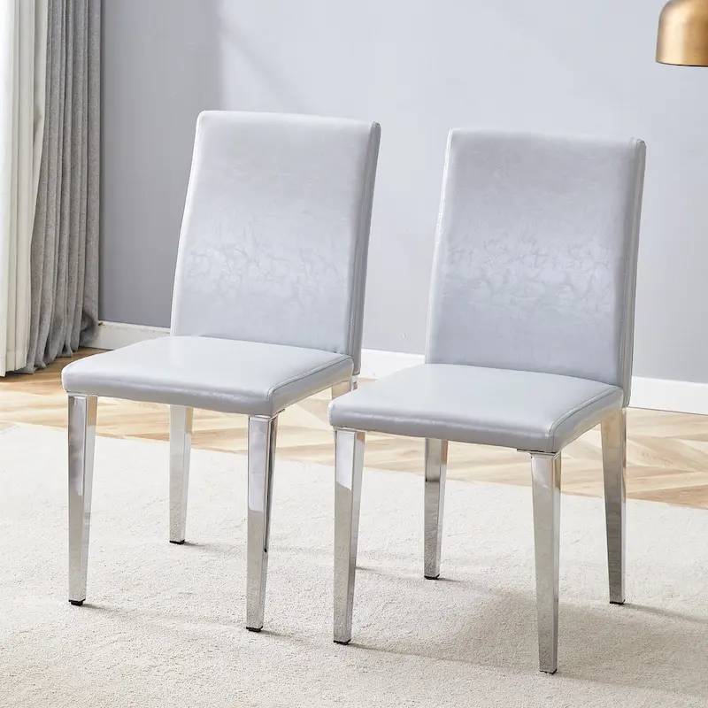Light Gray High-Back Dining Chair, PU Leather, Set of 2