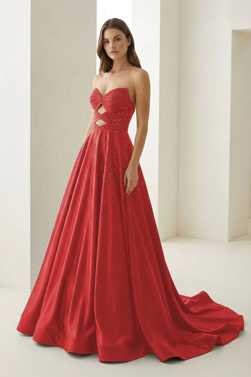 Sky Blue Strapless A Line Satin Beaded Long Prom Dresses With Cutout