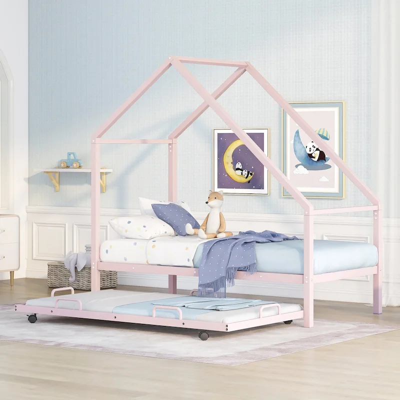 Pink/Black/White House-Shape Twin Metal Bed Frame with Trundle, for 1–2 Kids