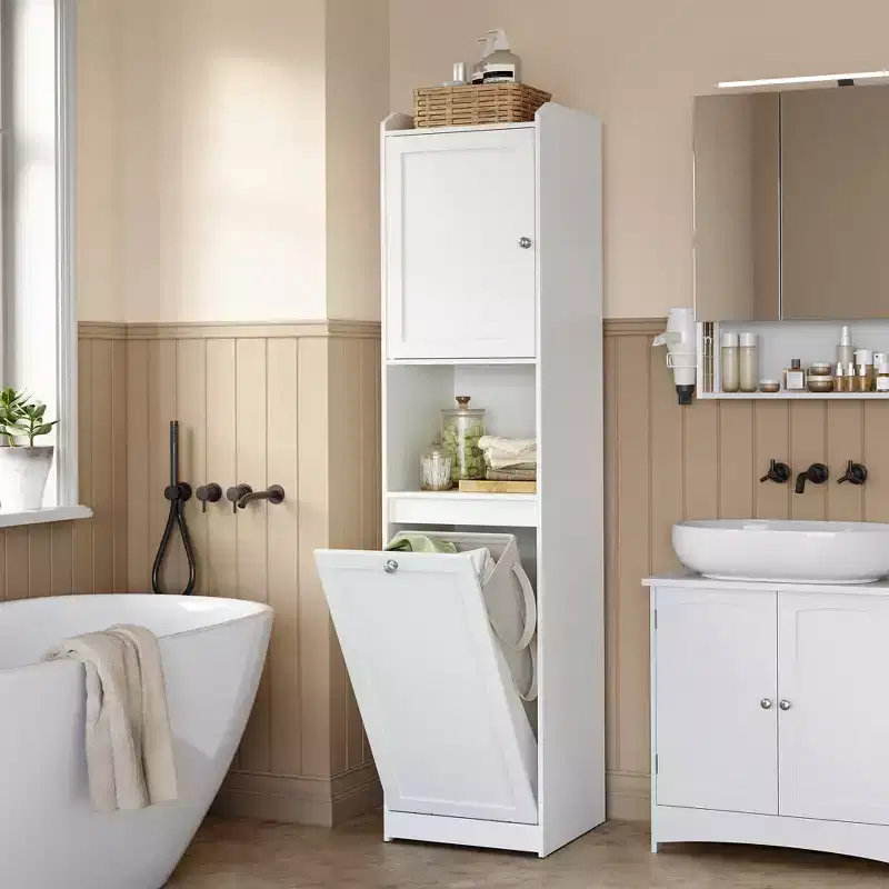 VASAGLE Tall Bathroom Cabinet with Laundry Basket, Removable Laundry Basket with Handles, Compartment with Door, Linen Tower