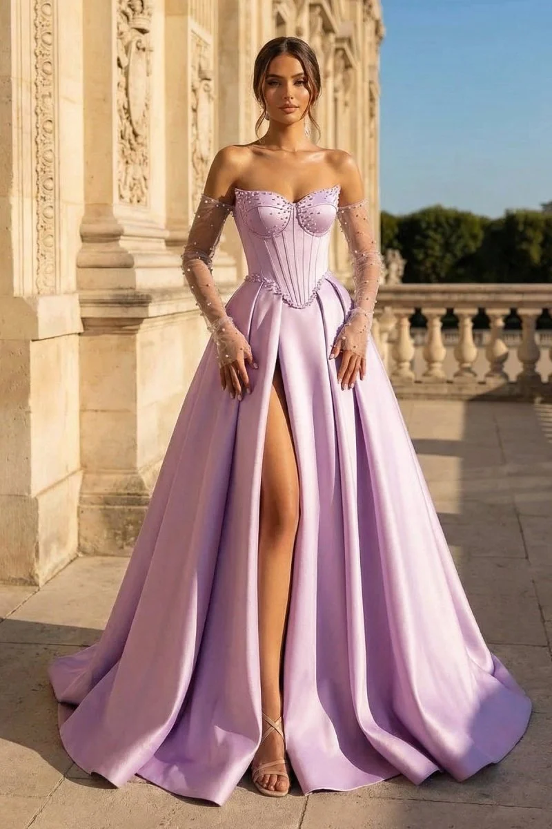 A-Line Lilac Sweetheart Satin Long Corset Prom Dress with Slit (Gloves are not Included)