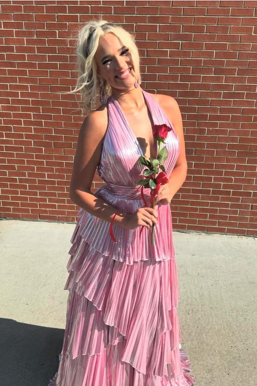 Purple Metallic A-Line Tiered V-Neck Sleeveless Prom Dress With Slit