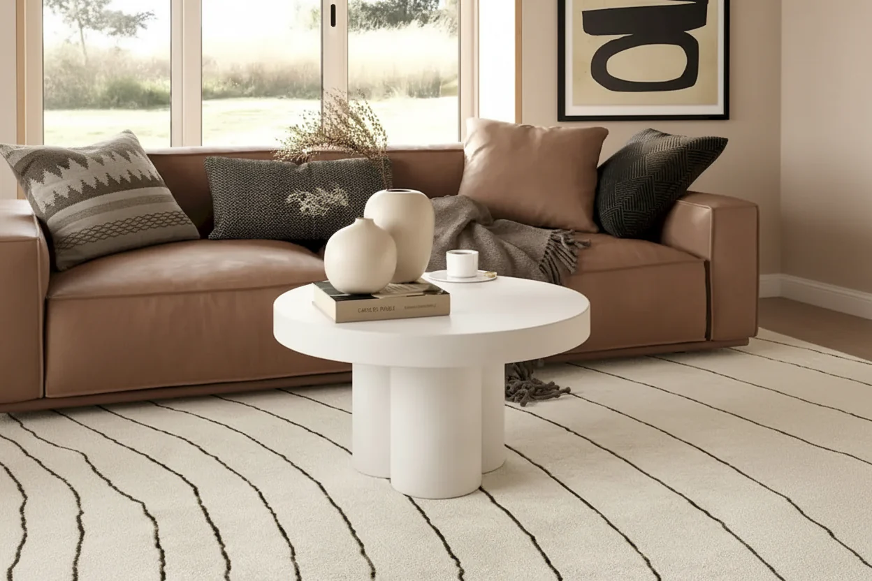 Round White Concrete Top Coffee Table, Abstract 3-Leg Base, Seats 2