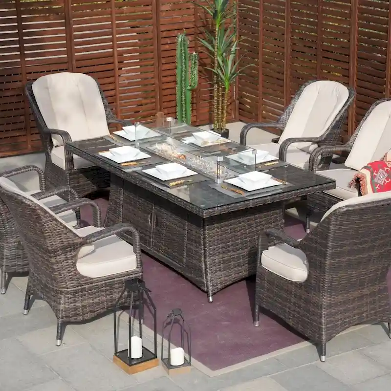 7-piece Patio Dining Set with Rectangular Firepit Table