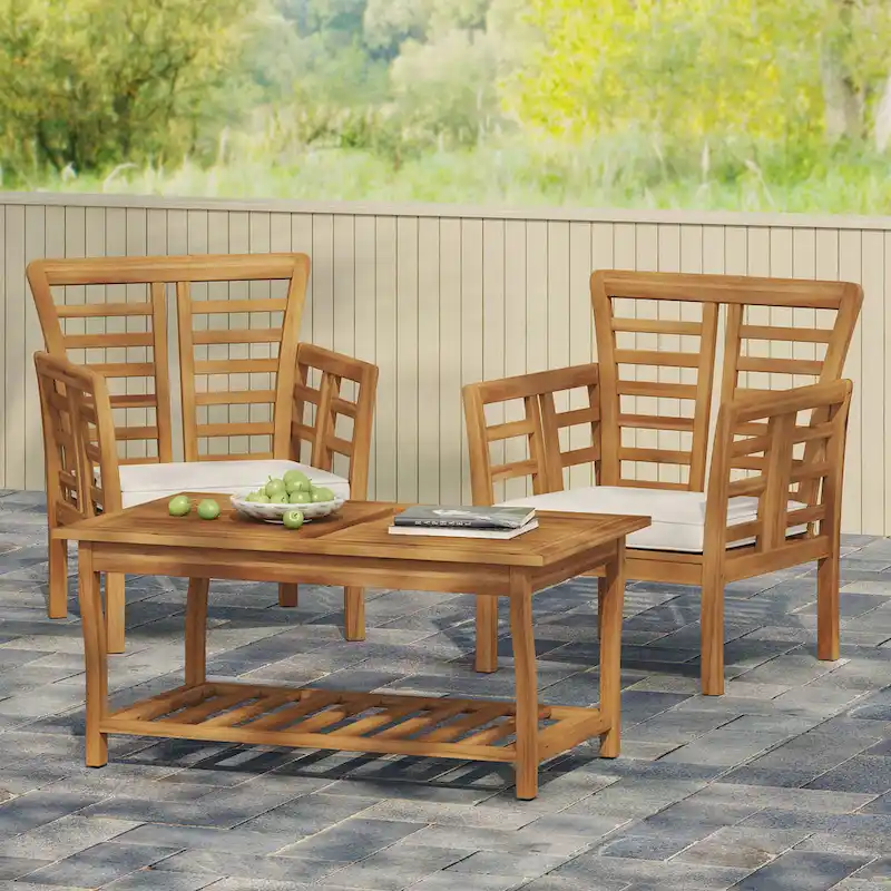 Caydon Acacia Wood Outdoor Club Chair and Coffee Table Set with Cushions by Christopher Knight Home