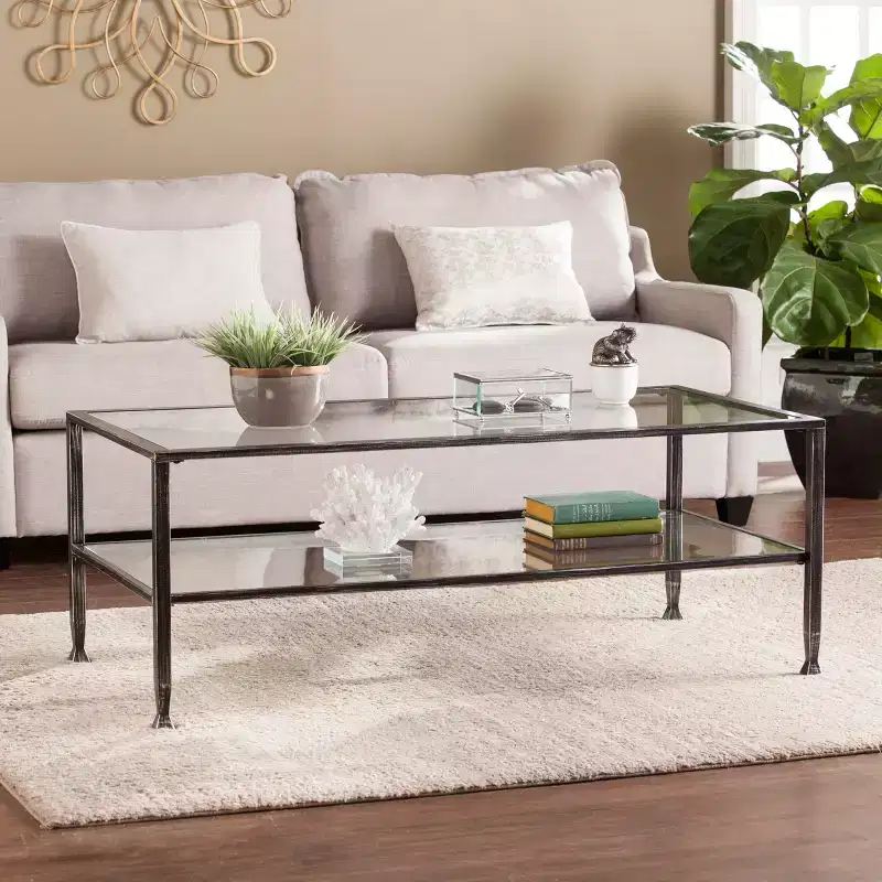 Jaymes Metal/Glass Rectangular Open Shelf Cocktail Table - Black - SEI