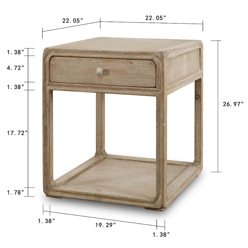 Peking Square Side Table w/Drawer, 27Inch Tall, White Wash