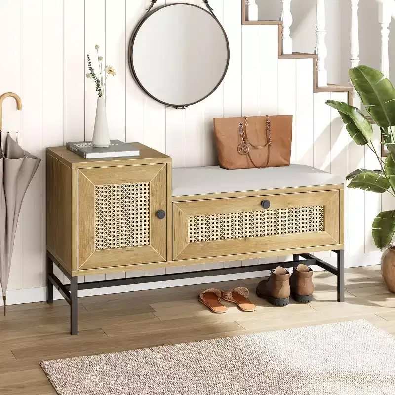 COZONY 39 Rattan Storage Bench with Linen Cushion, 2-Door Shoe Cabinet, Wood Entryway Organizer for Hallway or Bedroom, Natural Oak