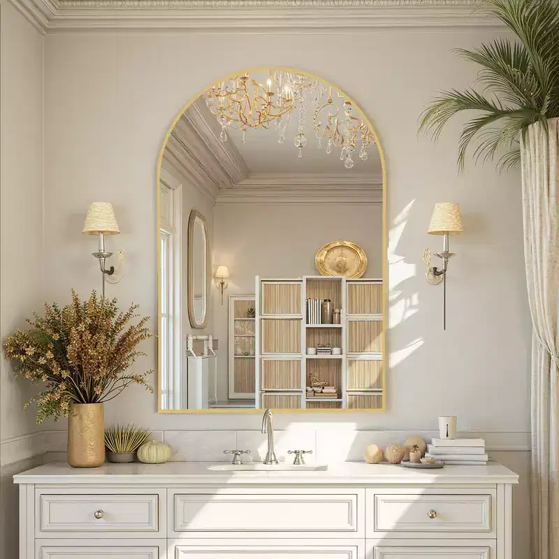 Luxurious 91cm Gold Aluminum Arched Mirror with Slim Frame, Right Angles, 2.8cm Depth