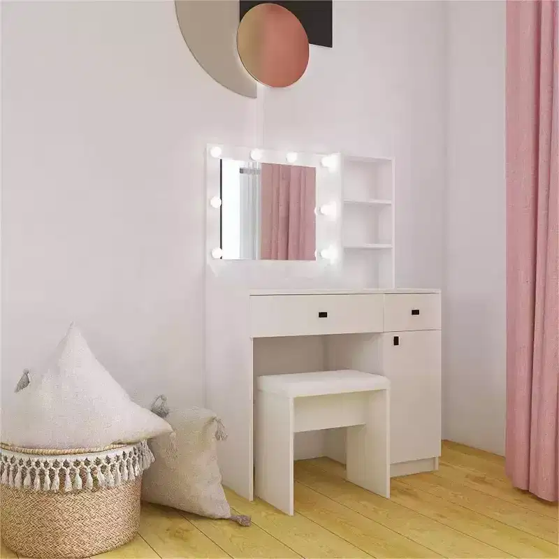 Wood Vanity Desk Set, Makeup Vanity Table with Mirror & 8 LED Light Bulbs, Open Shelves, 2 Drawers, 1 Makeup Stool for Home Office Bedroom White