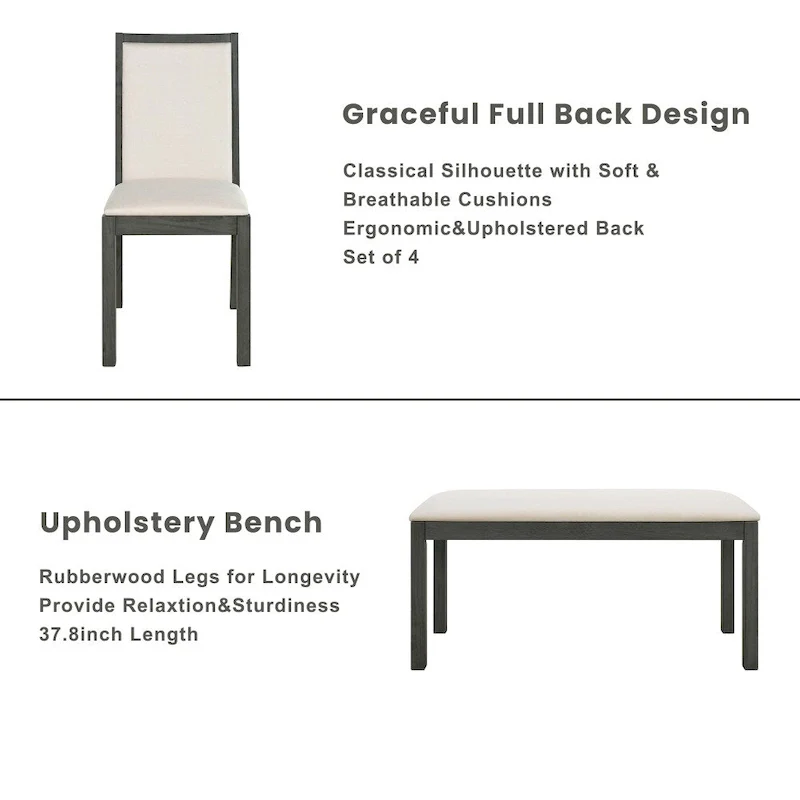 6-Piece Farmhouse Dining Table Set with 4 Upholstered Chairs and Bench