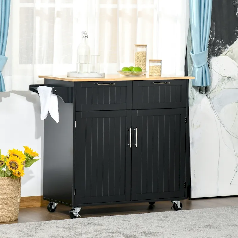 41 Modern Rolling Kitchen Island, Kitchen Storage Utility Cart Trolley with Rubberwood Top, 2 Drawers, and Towel Rack