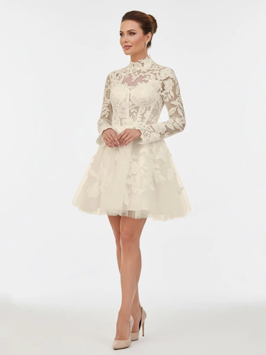 Short White A-Line Illusion Neck Long Sleeves Lace Wedding Dresses