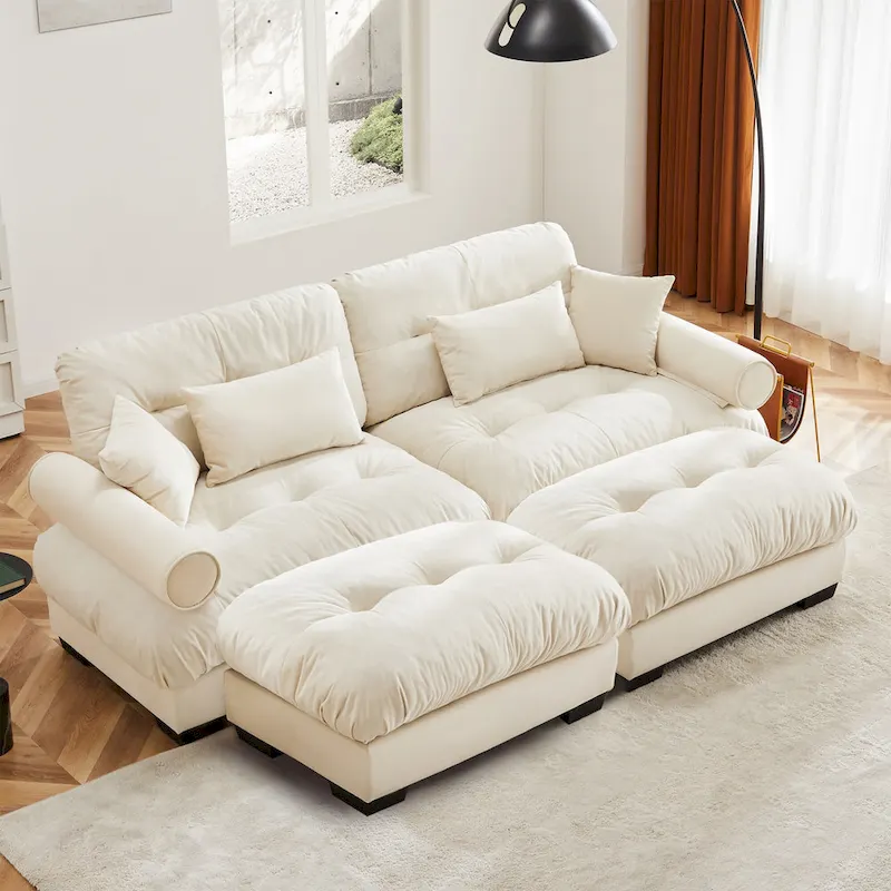 Velvet Fabric Loveseat Couch Modular Sectional Sofa with 2 Ottomans