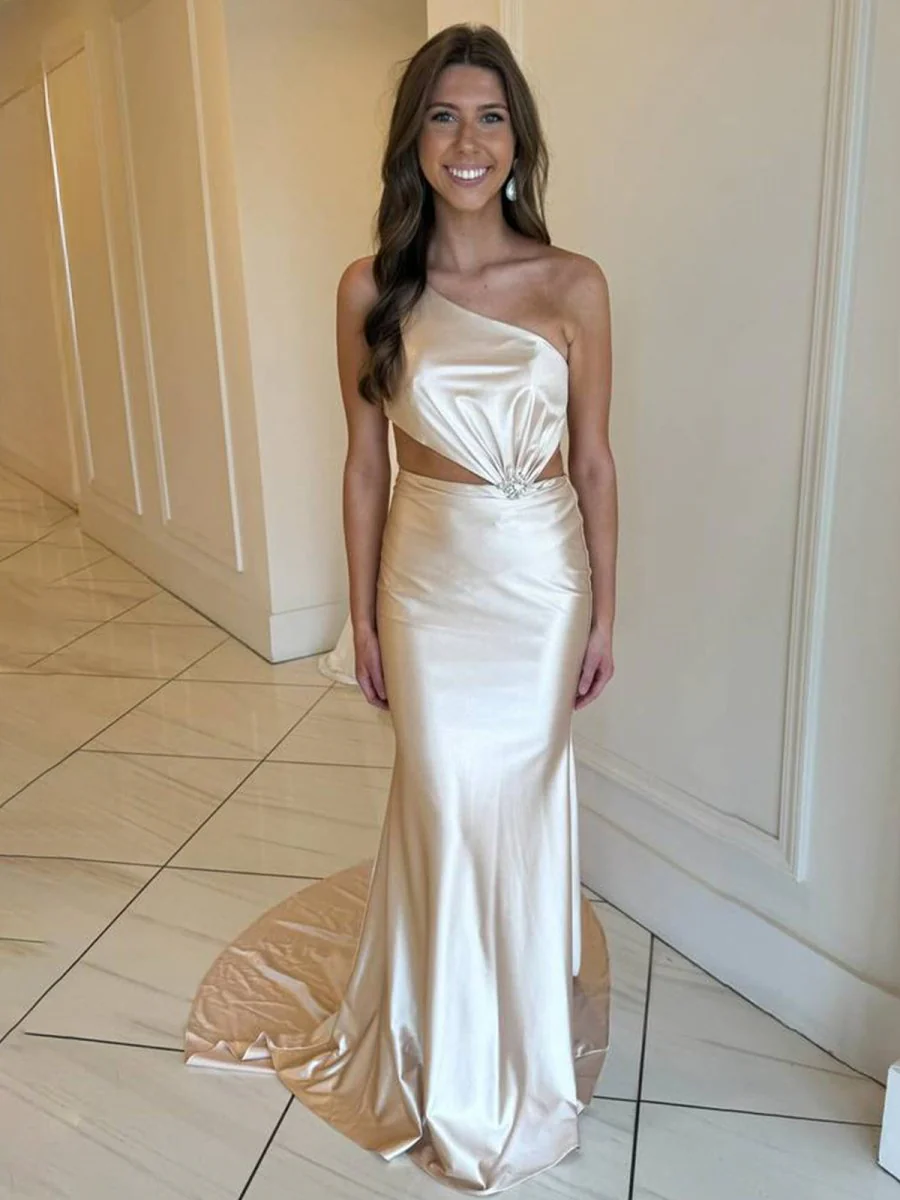 Champagne One-Shoulder Mermaid Satin Long Prom Dress