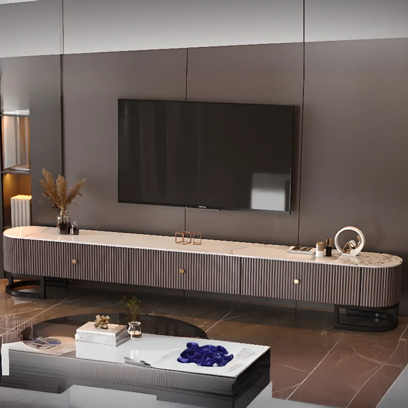 Luxurious Rectangle Stone TV Stand with Drawers for Living Room