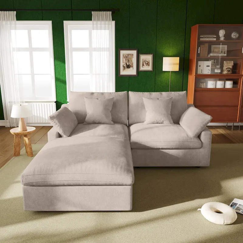 82.68   Down Filled Sectional Couch L-shape Linen Upholstered Loveseat with Ottoman