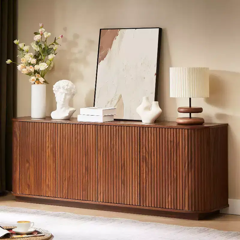 Okak Vertical Striped Wooden Buffet Sideboard Storage Cabinet TV Stand,Curved Corner Pantry Cabinets for Dining Room,Kitchen