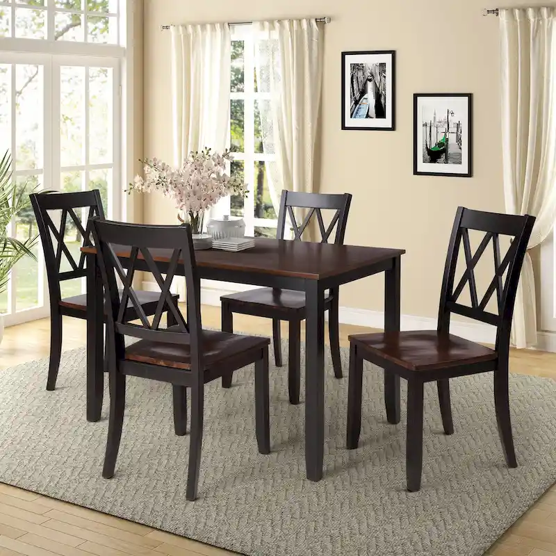 Black 5-Piece Wooden Dining Table Set with Rectangular Table & 4 Chairs