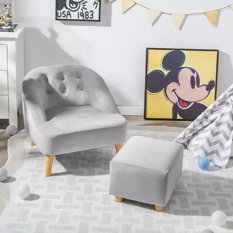 Costway Kids Sofa Chair w/ Ottoman Toddler Single Sofa Velvet Upholstered Couch Grey\Pink
