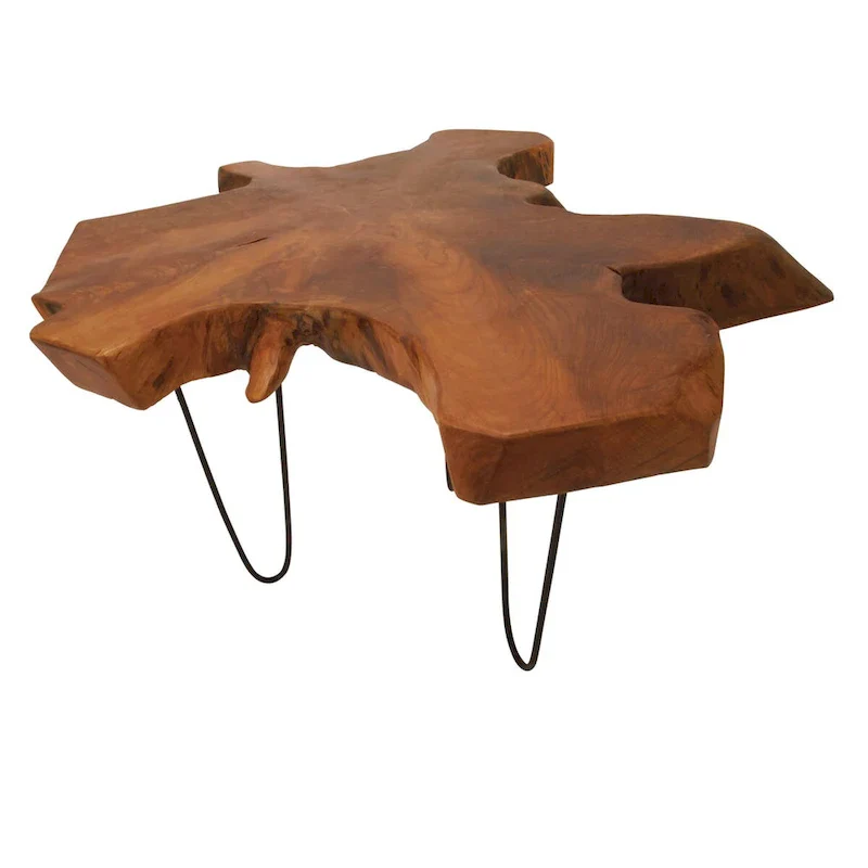 Handmade Live Edge Teak Wood Coffee Table with Black Metal Hairpin Legs - Brown