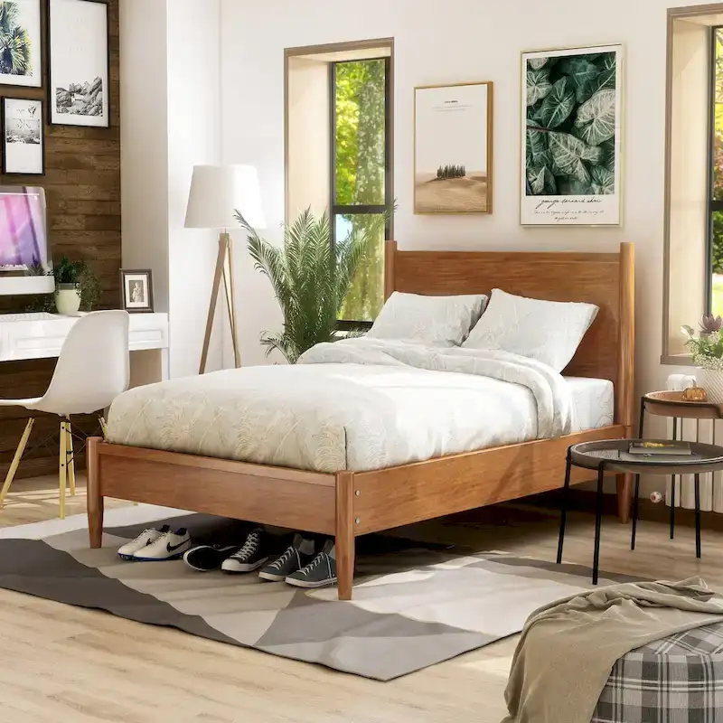 Grey / Oak / Black / White Mid-Century Modern Wood Panel Queen Platform Bed - Fits 2 People