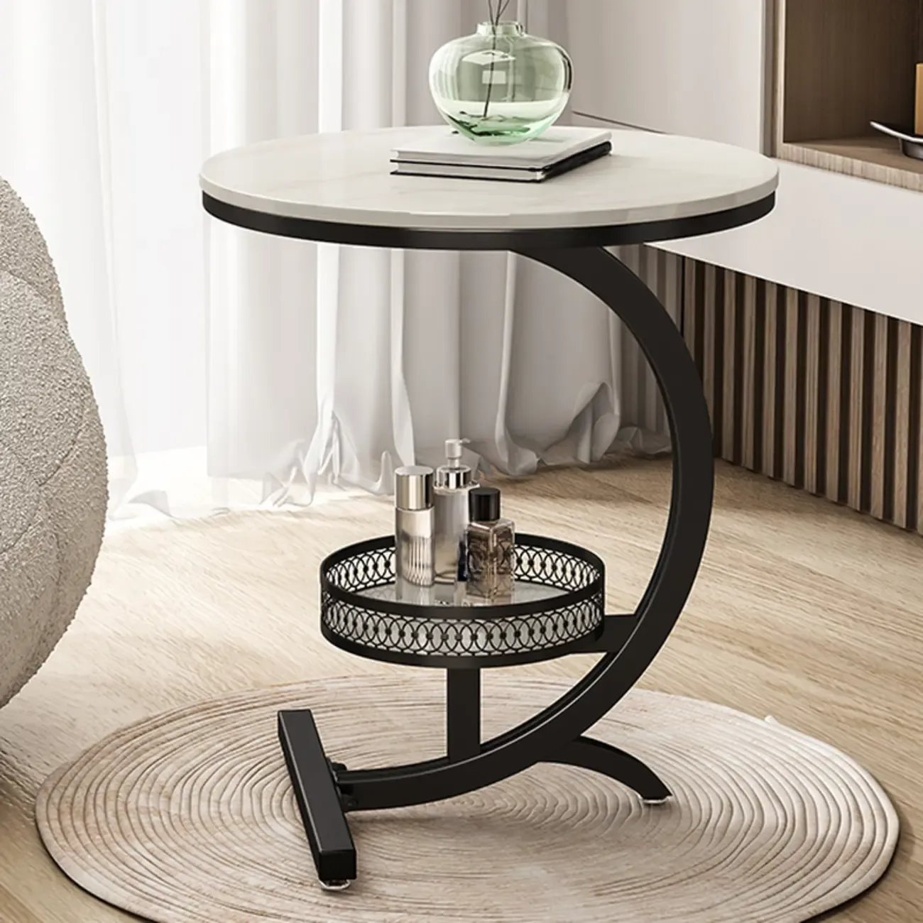 Glam Stone Top Metal Base C-Shape Side Table