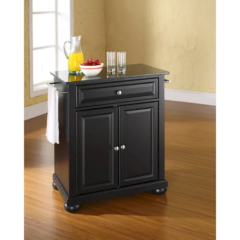 Crosley Alexandria Solid Black Granite Top Portable Kitchen Island in Black Finish - 18d x 31w x 33.5h