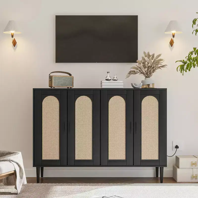 GustoWave Sideboard Buffet Cabinet, 4 Rattan Doors Accent Storage Cabinet, Console Table Coffee Bar, Hallway, Living Room