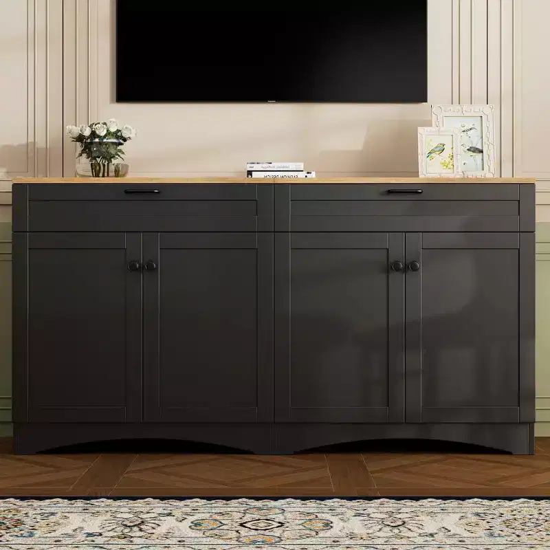 MAYEERTY Black Farmhouse TV Stand, 2-Drawer Wood Grain Sideboard for 70 TVs