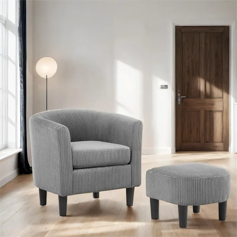Corduroy Accent Chair & Ottoman Set – Black / White / Yellow / Grey / Green, 2-Piece, 1-Person