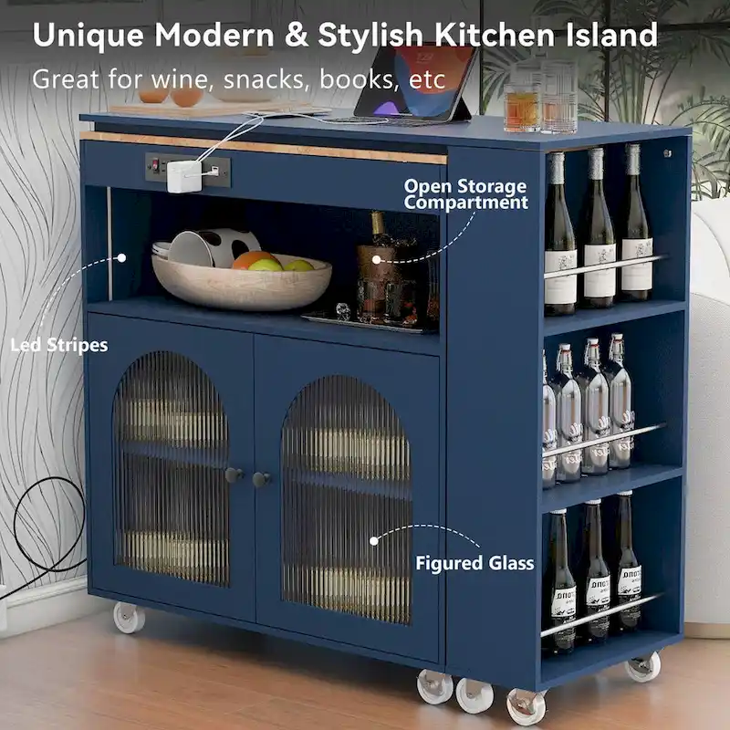 33 in. W Kitchen Island Rubberwood Top on 8 Wheels With Extended Table, LED Lights, Power Outlets