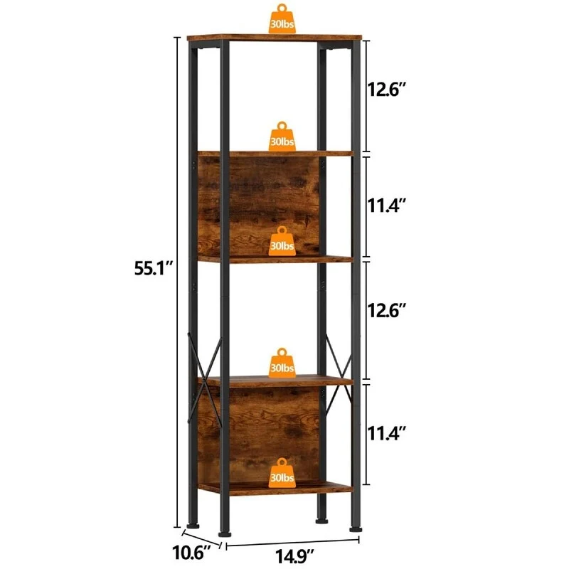 5 Tier Tall Bookshelf - 14.9D x 10.6W x 55.1H