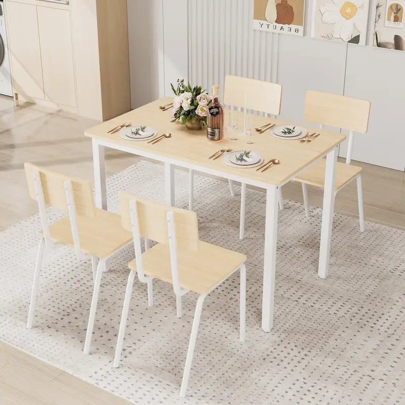 Kitchen Dining Table Set Metal Frame Breakfast Table with 4 Dining Chairs Modern Casual Dining Table Set 5-Piece Dining Set