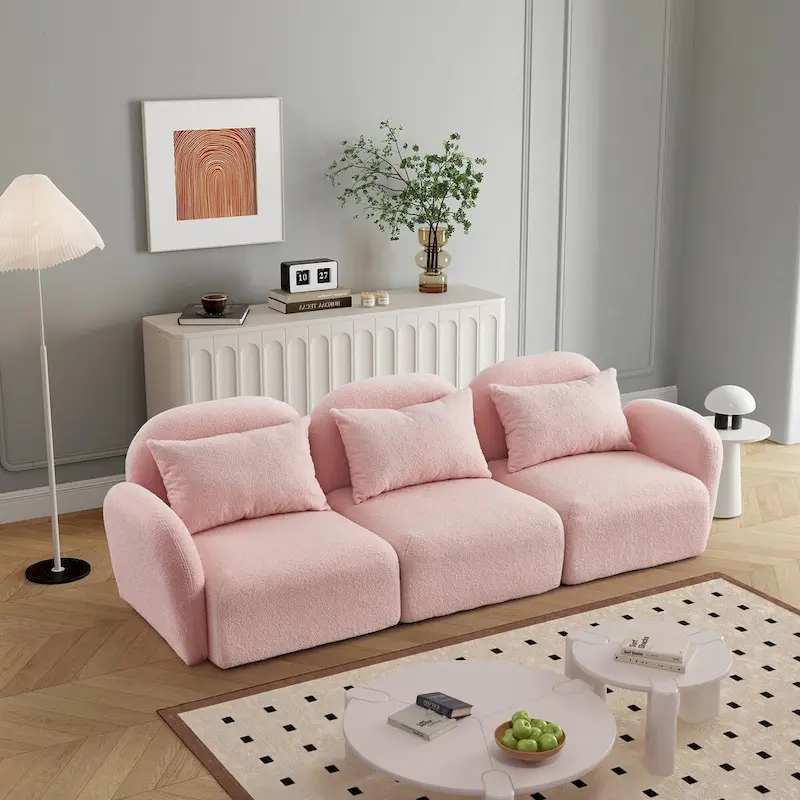Pink / Blue / White Teddy Fabric 3-Seat Sofa with Curved Arms – Modern Style, Seats 3