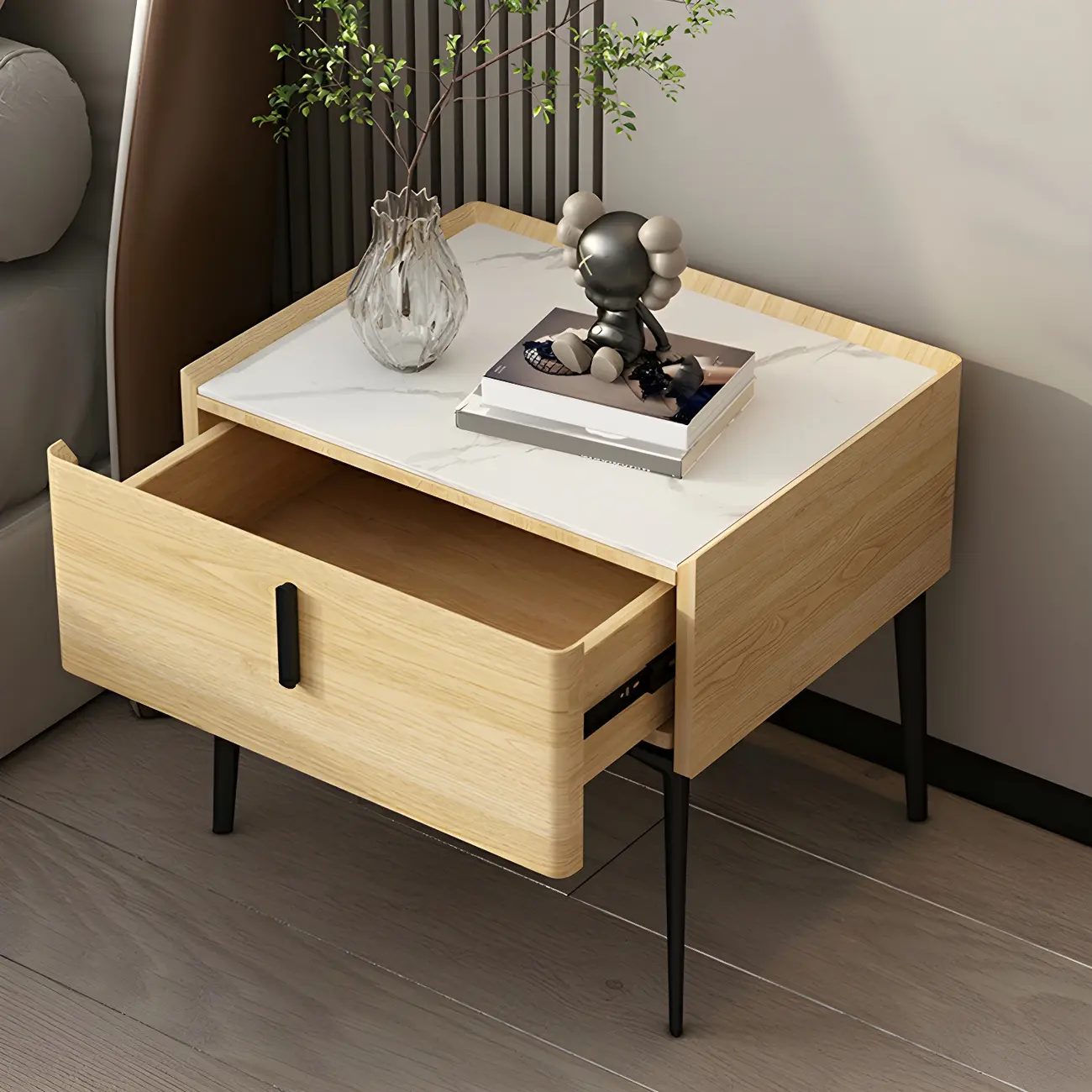 Trendy Narrow Cubic Wooden Nightstand with Legs