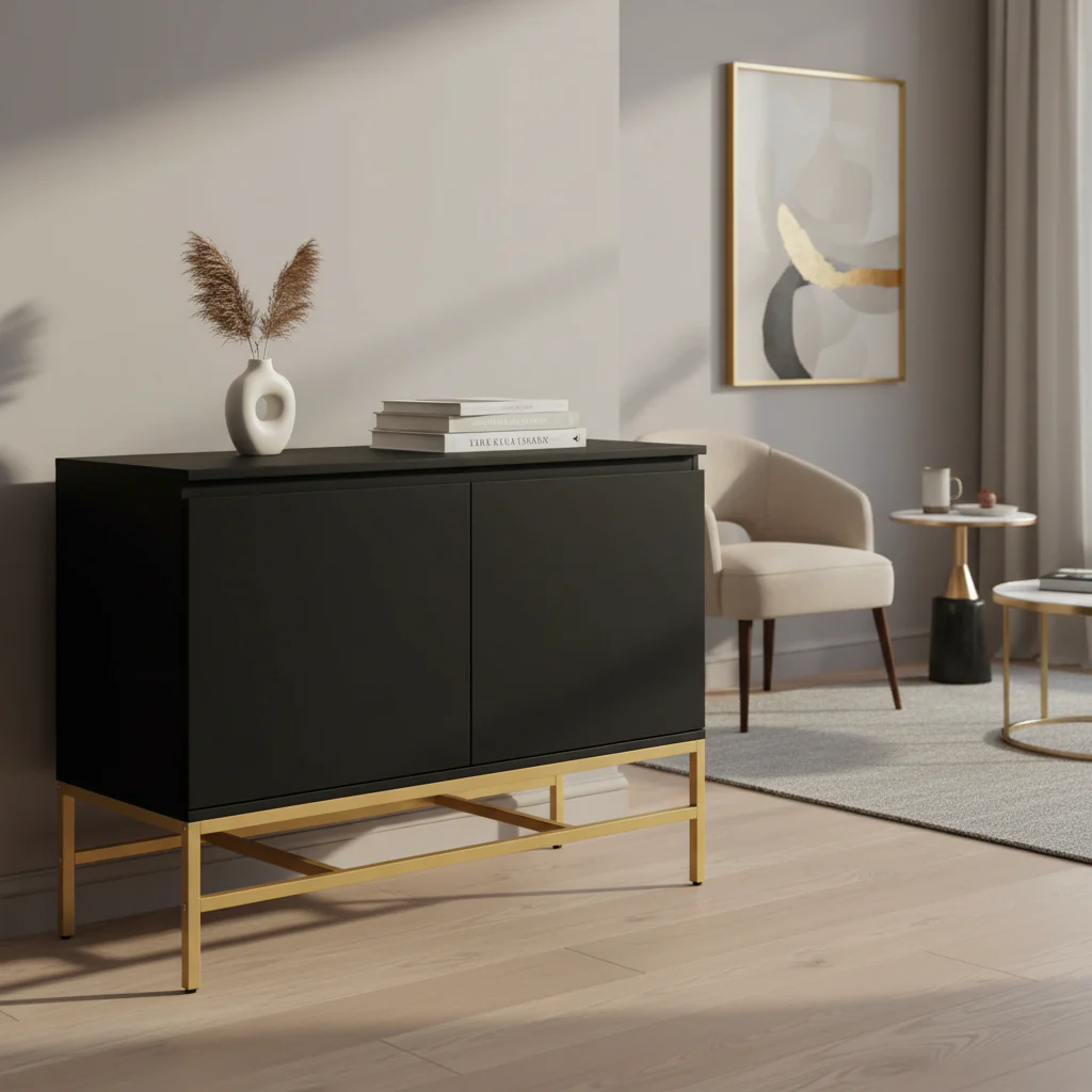 Minimalist & Luxury Cabinet Two Door Sideboard with Gold Metal Legs for Living Room, Dining Room