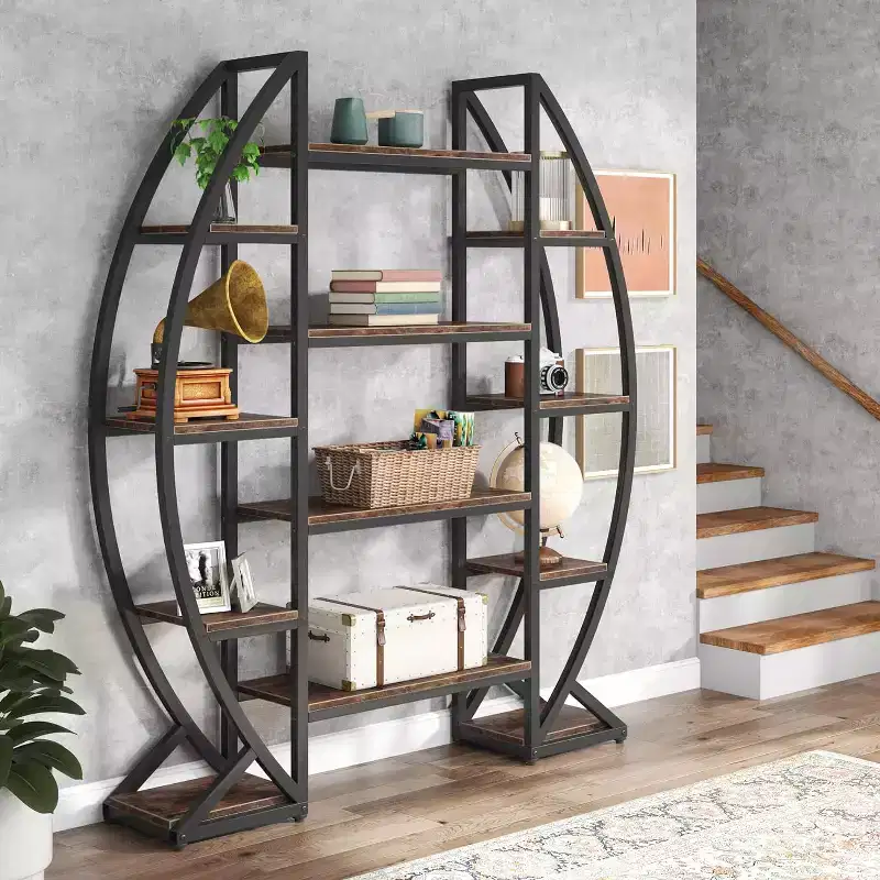 Lantine Oval Bookshelf, Triple Wide 5 Tier Etagere Bookcase, Industrial Display Shelves for Living Room (Brown, 55)