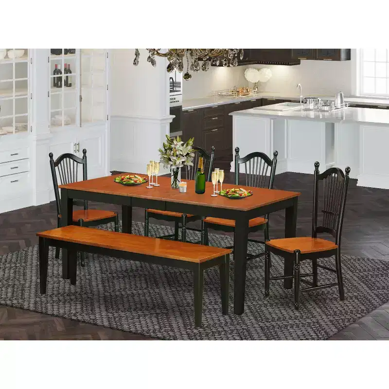 HomeStock 6-Piece Rectangle Black and Cherry Finish Solid Wood Top Dining Table with 1 Bench, 4 Chairs
