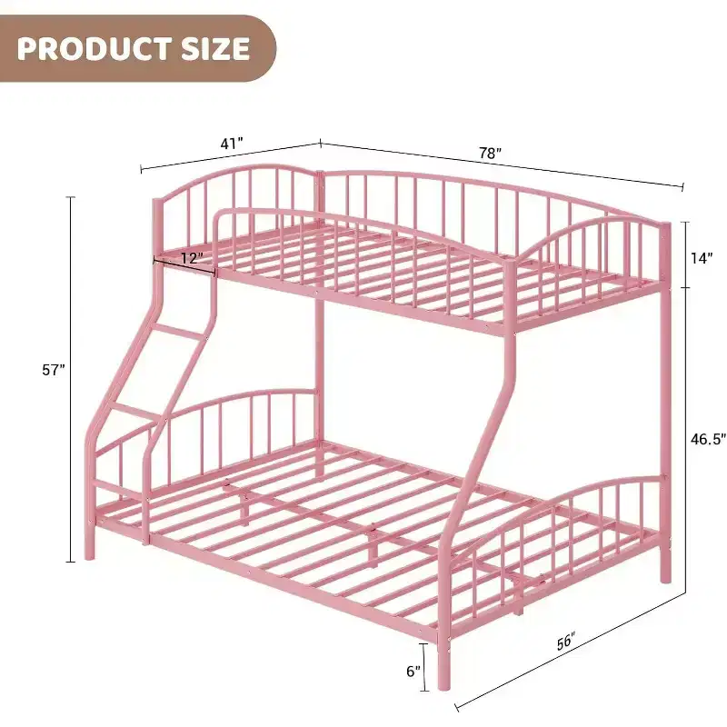 Twin Over Full Metal Bunk Bed, Space Saving Heavy Duty Steel Frame With Arched Guardrail And Ladder, Easy Assembly, No Box Spring Needed