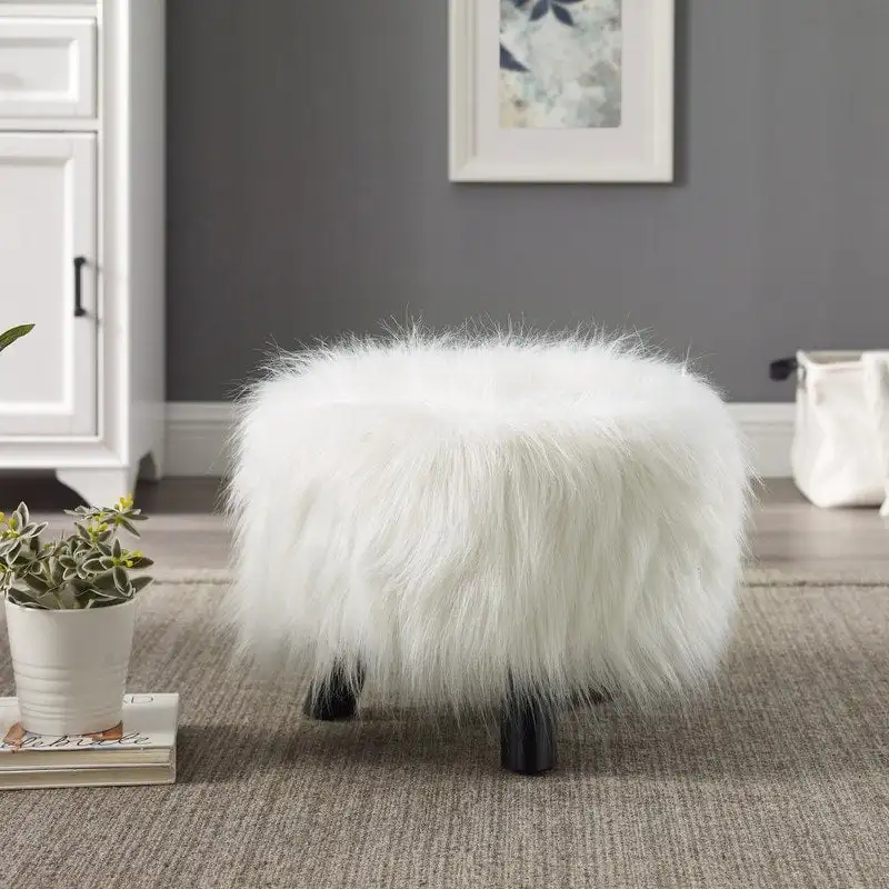 Silver Orchid Karlweis White Shag Faux Fur Ottoman