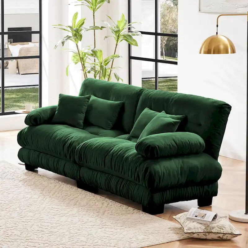 Green Chenille 2-Seater Sofa with Bolster Arms, Lumbar & Throw Pillows
