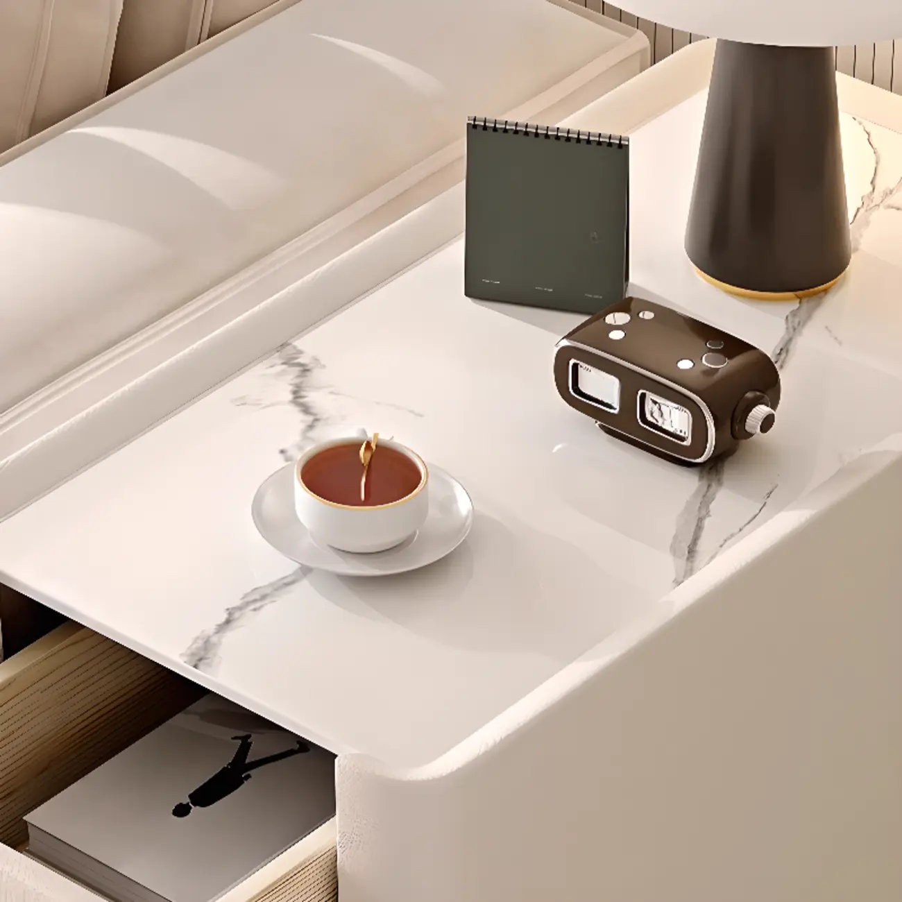 Elegant Rectangular End Table Marble Top and Leather Body